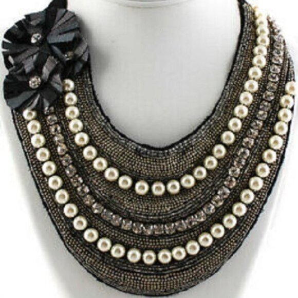 Stella & Dot Natasha Glass Beaded Faux Pearl Bib Necklace Black - Picture 2 of 11